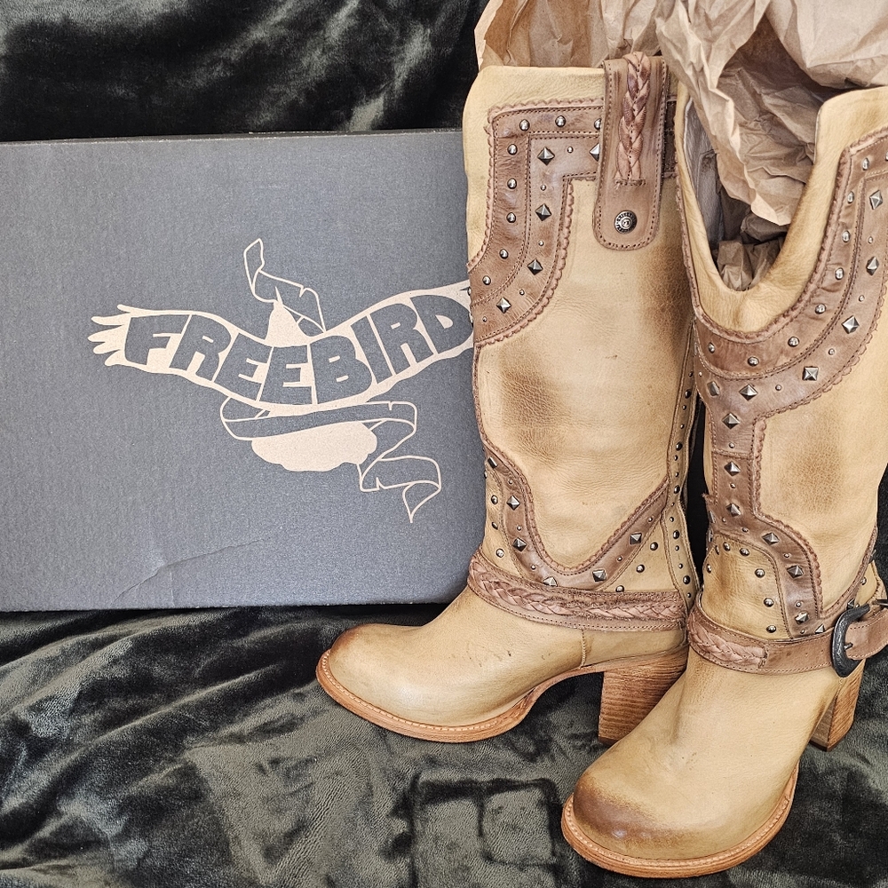 Freebird By Steven Cormac Beige Leather Boots with Stud Accents